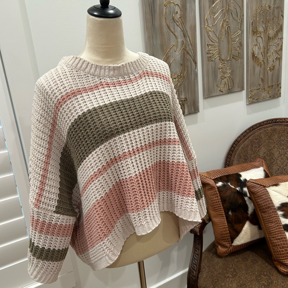 POL Striped Knit Sweater - Pink, Green, Cream